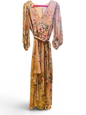Eliza J Blush Floral Wrap Dress with Silver Metallic Accents